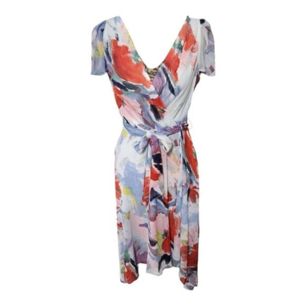 DKNY‎ Wrap Dress Watercolor Floral Print Midi Short Sleeve Tie Waist Size 6
